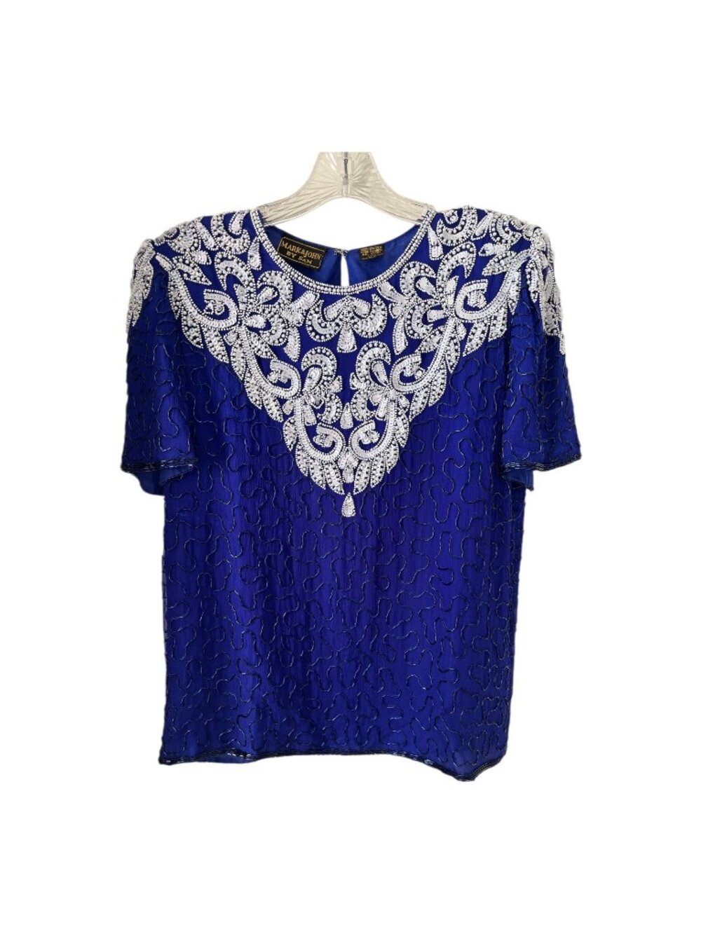 Vintage Mark & John by Sam Royal Blue Beaded Silk Evening Top Formal Blouse